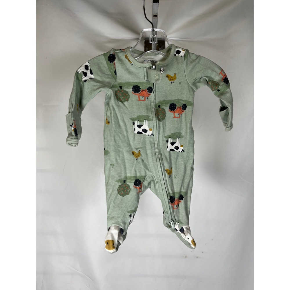 Carters Just One You Newborn Farm Print Footed Sleeper Sage Green Cow Tractor 0M